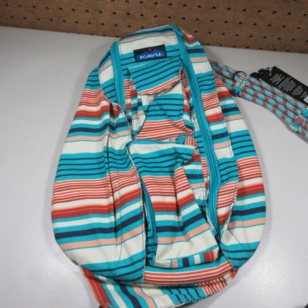 KAVU colorful offwhite striped canvas Banded Rope sling bag 11 x 17  NWT